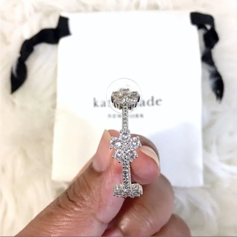 Kate Spade Gleaming Gardenia Flower Silver Diamond Hoop Earrings